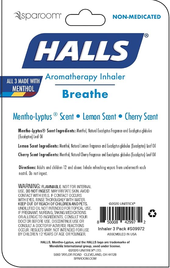 SpaRoom Halls Nausea Relief Nasal Stick – Breathe 3-Pack with Cherry, Lemon & Mentho-Lyptus, Aromatherapy Inhalers with Essential Oils for Sinus Relief, Stress, and Craving Support