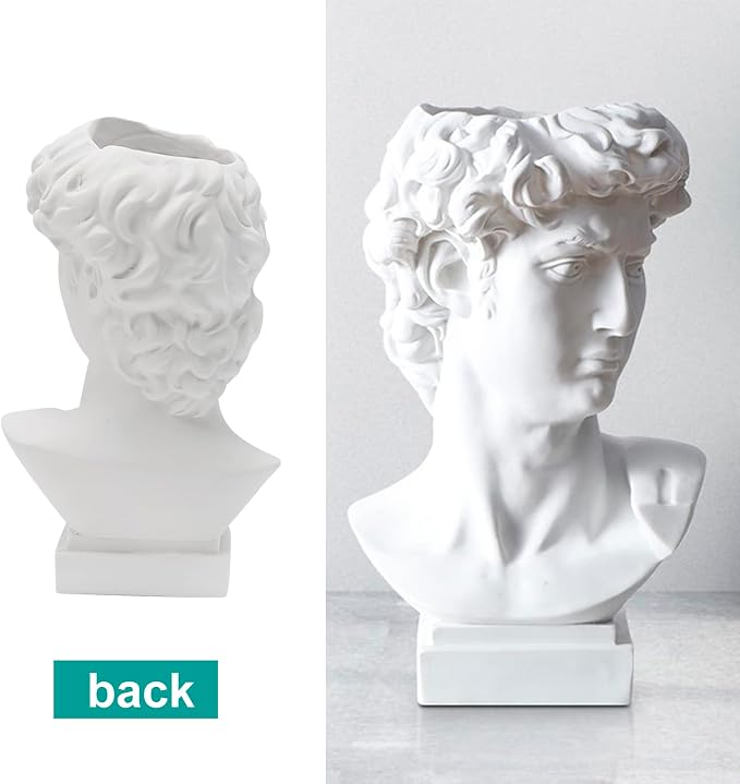 David Statue Greek Head Vase Bust Face Vase Head Retro Decor, Sculpture Brush Holder Bust, Makeup Brushes Container Pen Holder, 25CM
