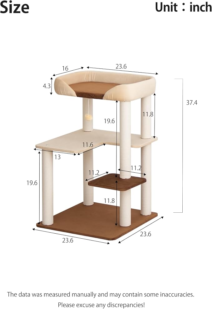 Cat Tree for Large Cats Modern Senior Friendly Wide Shelves 37.4'' | Wide shelves, cotton scratching posts, super sturdy base, cozy perch, interactive toys, luxury fabric