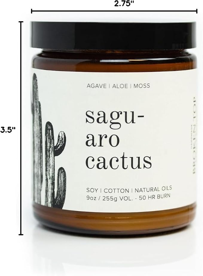 Broken Top Saguaro Cactus Pure Soy Candle | 9 oz. | Agave, Aloe & Moss. 50-Hour Burn Time. Natural Cotton Wick, Vegan, No Parabens, No Phthalates