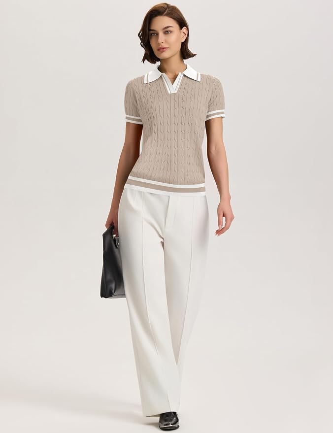 Micoson Womens Short Sleeve Sweater Tops Lapel V Neck Polo Shirts 2026 | Summer Cable Knit Loose Blouses, Business Casual Outfits