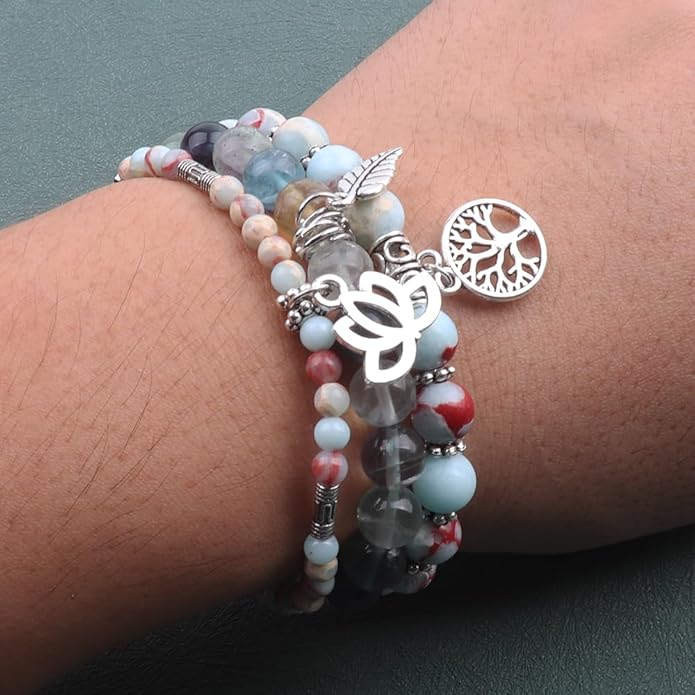 UEUC Tree of Life Yoga Healing Stone Bracelets,Multilayer Lotus Chakra Stone Reiki Bracelet Sets,Anxiety Crystal Natural Stone,for Women Stress Relief