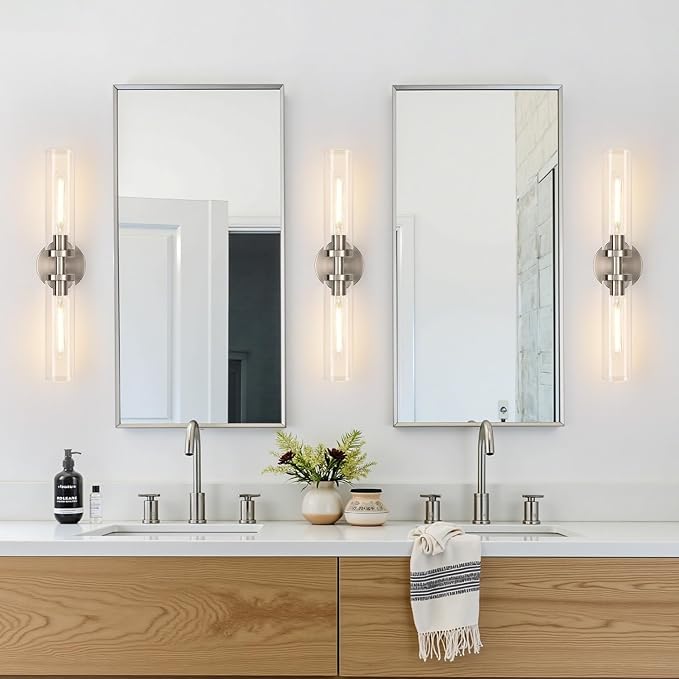 Indoi Brushed Nickel Wall Sconces, Hardwired Bathroom Sconces Vanity Light with Clear Glass, Modern Bathroom Vanity Lights fixtures for Mirror Bedroom Living Room Hallway Kitchen