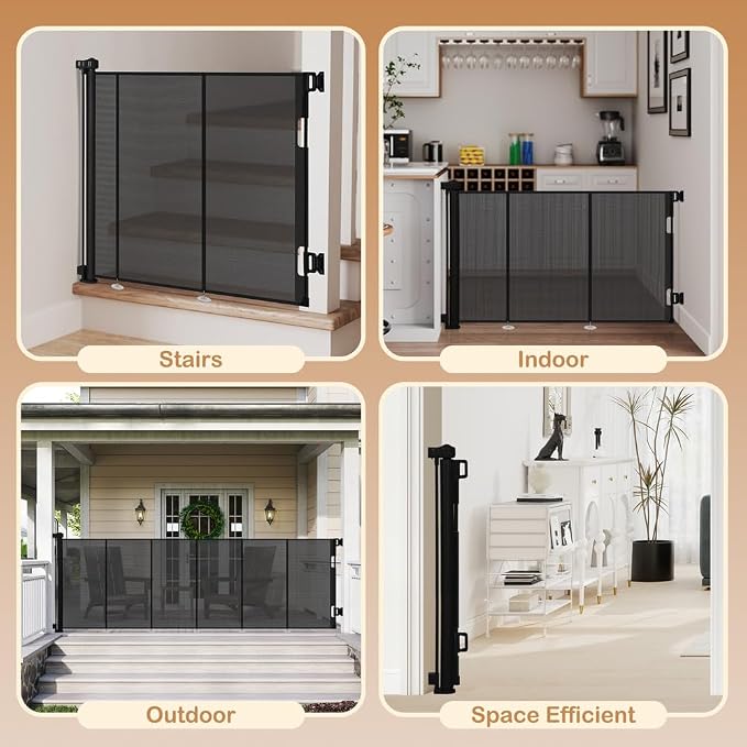 SMONTER Extra Wide Retractable Dog Gates, Mesh Baby Gate with Support Rods Extend to 118" Wide 44" Tall, Portable Safety Retractable Gate for Stairs, Indoor/Outdoor, Black