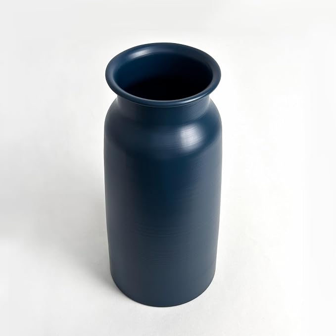 Set of 2 Navy Blue Seamless Metal Flower Vase, 10.8" Tall Modern Matte Blue Floral Vase Pair, Shatterproof Leakproof, Sophisticated Home Decor Centerpiece for Table, Mantle, Shelf