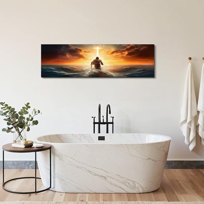 Christian Bible Canvas Wall Art for Bedroom Above Bed, Jesus Walking on Water Picture Wall Decor Sunrise Ocean Sea Cross Painting Prints Spirit Religious Faith Poster Artwork Office Decorations 14x48"