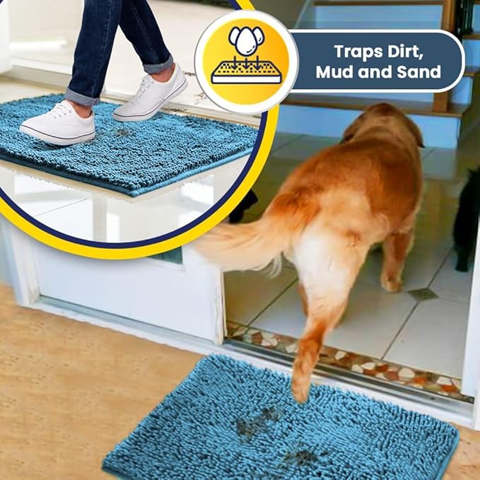 Muddy Mat® | Super Water Absorbent Door Mat Indoor, Microfiber Quick Dry Chenille Entryway Rug, Slip Resistant Front Door Mat, Indoor Mats for Entryway, Machine Washable Pet Rug, Sky Blue 6ft x 9ft