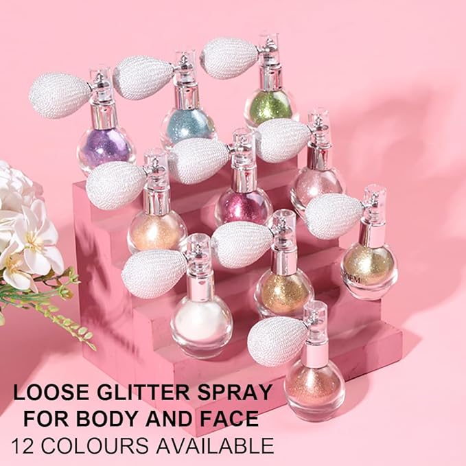 Rose Pink Glitter Spray for Face and Body, Rich Color Loose Shimmer Powder Long Lasting Sparkly Spray High Gloss Makeup for Women Rave Festival Prom Stage Wedding Party, #12