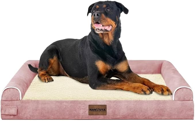 Orthopedic Dog Bed for XX-Large Dogs, 44 x 34 Inch, Pink | Egg crate foam for joint support, 3-sided bolster pet sofa, waterproof lining, washable cover, and non-skid base