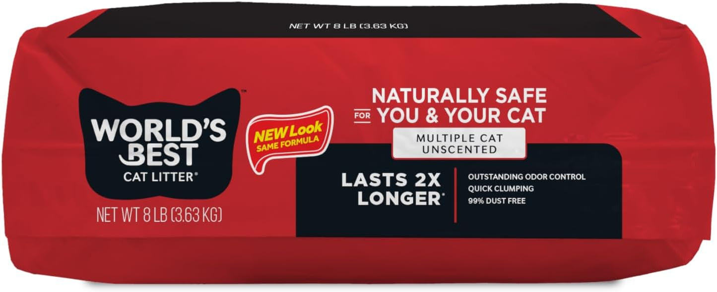 World's Best Cat Litter, Multiple Cat, Unscented, Lasts 2X Longer, 8 lb Bag | Controls tough multi-cat odors and lasts 2x longer; natural corn litter, quick clumping, flushable, 99% dust free