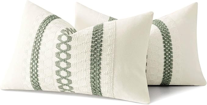 MIULEE Set of 2 Sage Green Boho Decorative Lumbar Pillow Covers 12x24 Inch | Farmhouse Couch Throw Pillows, Modern Cotton Cushion Covers, Macrame Woven Spring Home Decor for Bed Sofa Chair