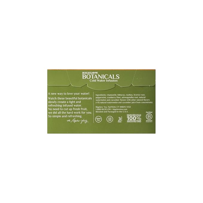 Bigelow Botanicals Cold Water Infusion Watermelon Cucumber Mint Tea Bags 18 Count Box (Pack of 1), Herbal Infusion, Caffeine Free, 18 Tea Bags Total