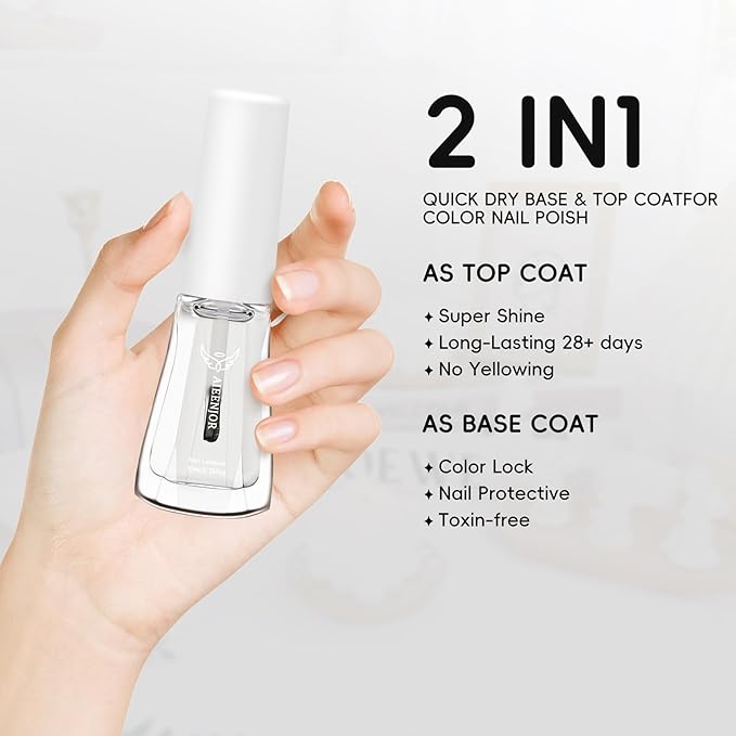 2 in 1 Base and Top Coat Nail Polish, Quick Dry Base and Top Coat No UV Lamp Curing, Long Lasting Shine Clear Nail Polish for Nail Manicure Salon DIY Nail Art, 0.35 fl oz