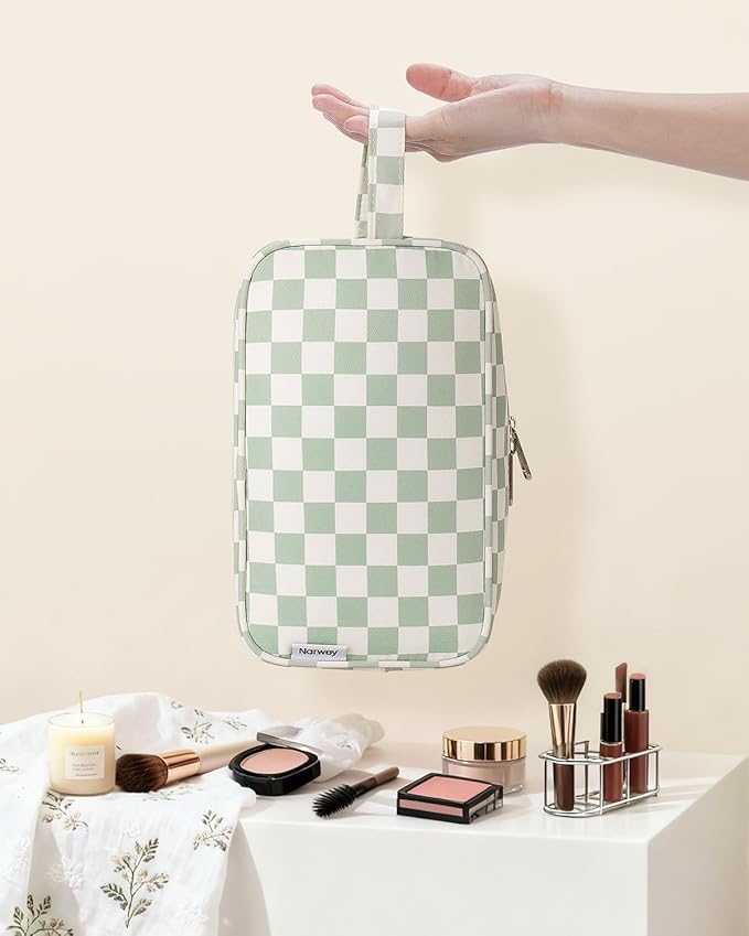 Narwey Travel Toiletry Bag for Women Traveling Dopp Kit Travel Bag for Toiletries Cosmetic Bag Makeup Bag Medicine Bag for Traveling (Mint Green Checkerboard)