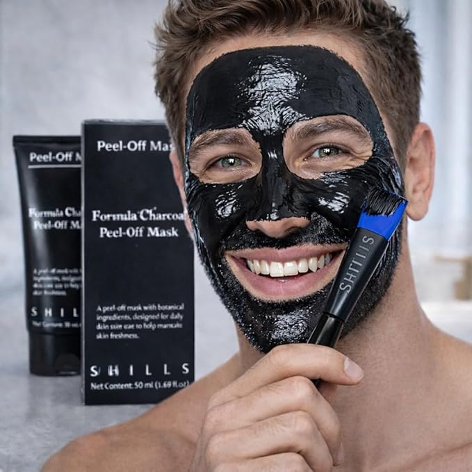 SHILLS Charcoal Mask for Men, 1 Bottle (1.69 fl. oz) and a Brush Set