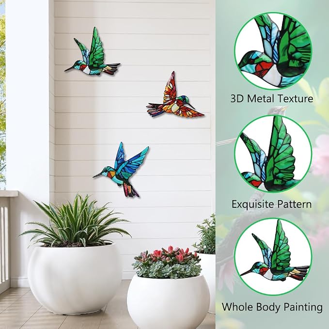VEWOSTAR 3 Pcs 3D Metal Hummingbird Wall Art | Colorful Birds Outdoor Fence Wall Art Decor, Holiday Garden Decor,Metal Bird Wall Decor for Modern Farmhouse Rustic Home