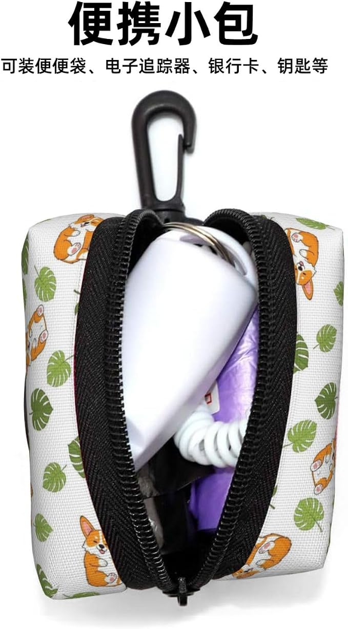 Cute Corgi Funny Fat Dog Tropical Leaves Dog Waste Bag Dispenser Pet Poop Bags Holder Zipper Small Doggy Puppy Pouch