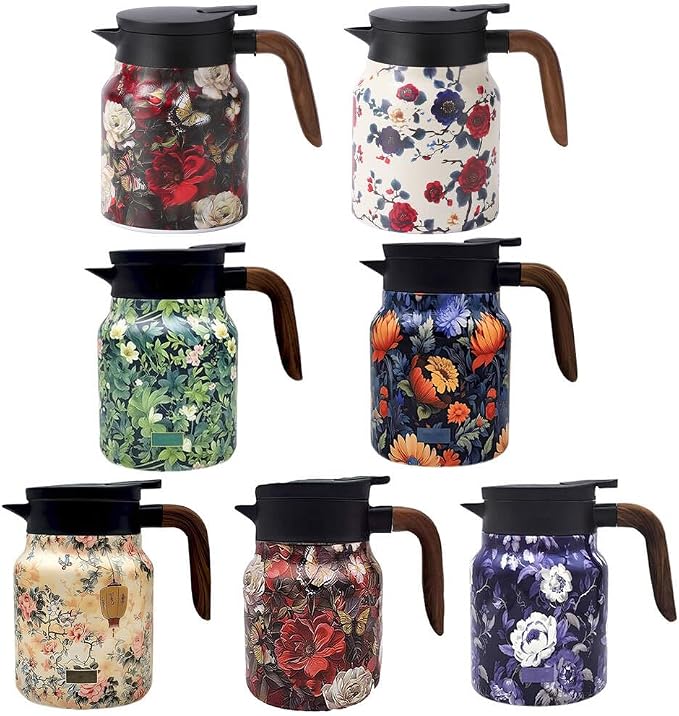 Vintage Floral Pattern Tea Pots – Built-in Infuser,Vintage Floral Teapot with Built In Infuser Stainless Steel Thermal Carafe with Lid for Hot Drinks,Pink(Wooden handle,35oz)