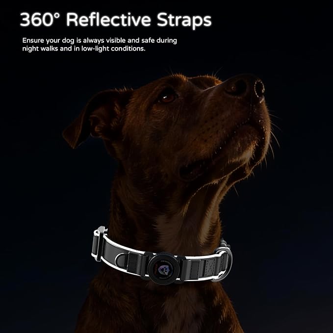 Leather AirTag Dog Collar, Magnetic Buckle, Reflective, Black S
