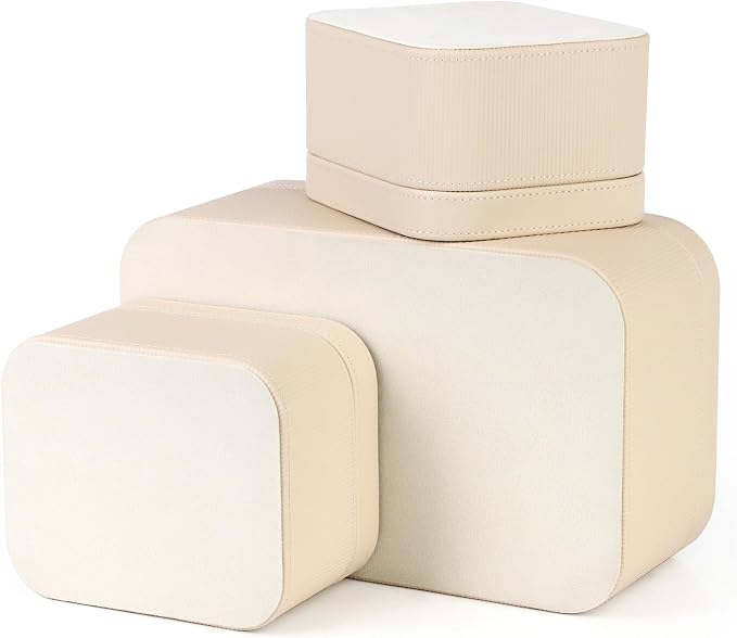 HofferRuffer Faux Leather Decorative Storage Boxes, Dust proof Storage Shelf Baskets with Lids Trays, Storage Bins Memory Box Organizer for Home, Office, Jewelry & More, Set of 3 (Beige)