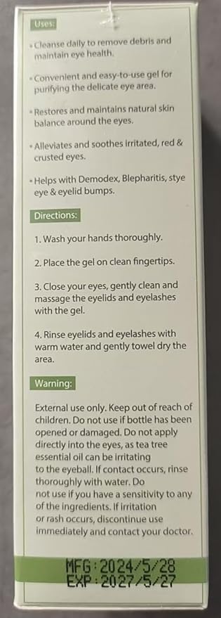 NOVEHA Tea Tree Eyelid Gel Cleanser - for Blepharitis, MGD, and Dry Eye with Pro-Vitamin B5, Hyaluronic Acid, and Cucumber Extract - Gentle Cleansing, Soothes Itchy Eyelid and Burning Eyes - 50mL
