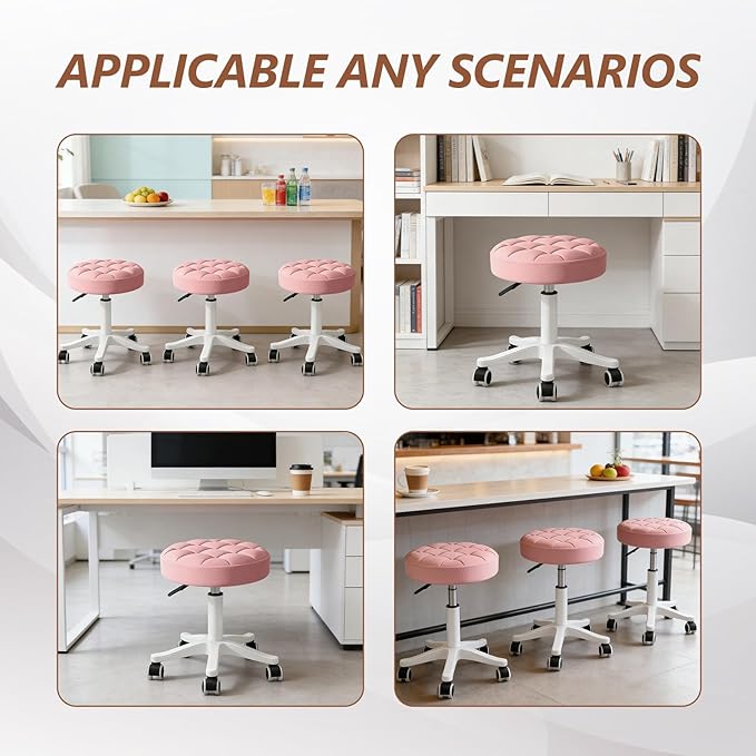Small Rolling Stool with Wheels, PU Leather Height Adjustable Vanity Work Task Stool, 360 Swivel, Padded Seat Cushion, for Salon, Home, Office
