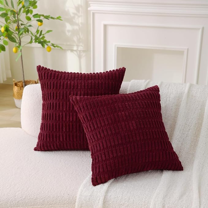 2 Pack Corduroy Decorative Throw Pillow with Inserts, 18x18 Inch Soft Boho Throw Pillow, Square Striped Throw Pillows for Couch, Bed, Sofa Decor (Burgundy)