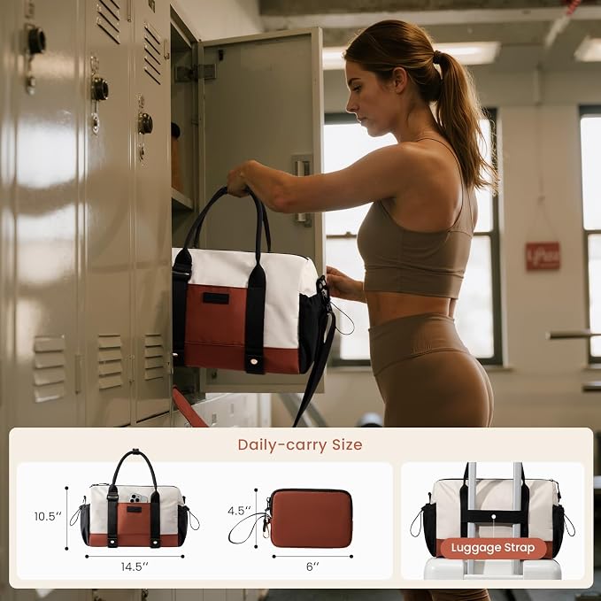 LOVEVOOK Small Gym Bag for Women with Yoga mat Holder, Mini Duffle Bag for Travel with Wet Pocket, Overnight Personal Item Bags (Black-White-Brown, 16.5 inch-Large-2Pcs)