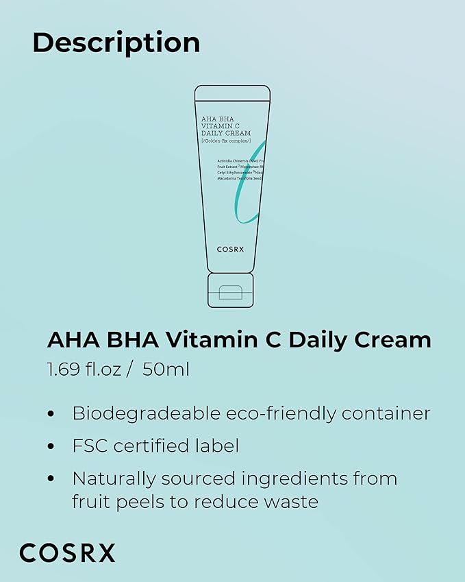 COSRX AHA BHA VITAMIN C Daily Cream 1.69 fl. oz 50 ml, Face Cream, Anti Aging, Plumping Skin, Natural, Fruit, Korean Skin Care