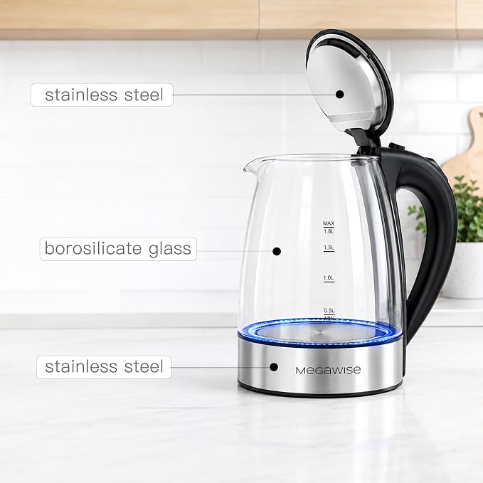 MEGAWISE Electric Kettle, No Plastic Contact with Water, Auto Shut-Off, Fast Boil, 1.8L Electric Glass Kettle, Hot Water Boiler, Tea Kettle, Borosilicate Glass, Black, 1000W