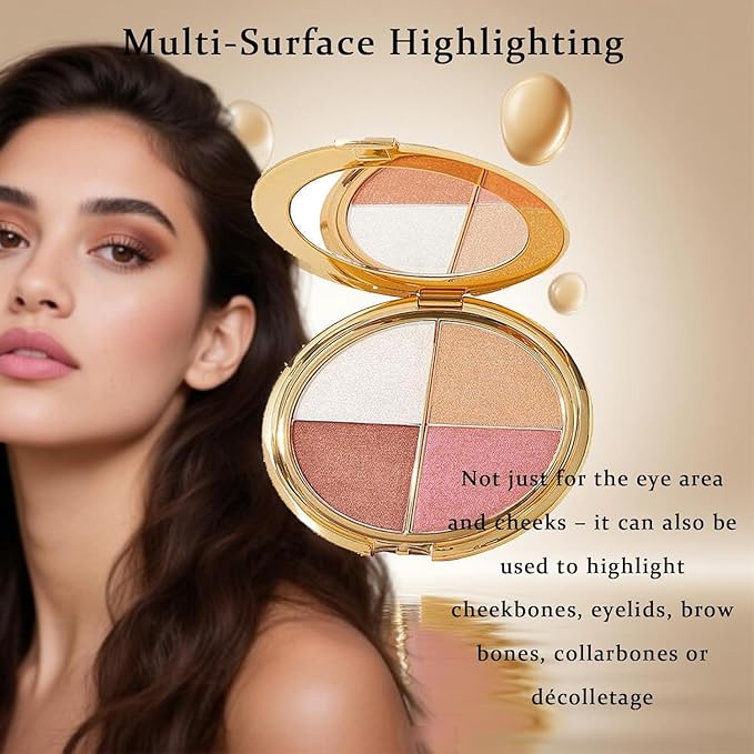 Eye & Cheek Palette - Eyeshadow and Highlighter Makeup, 4-In-1 Face Highlighter Palette for Women, Multi-Purpose Contour Blush and Glow with Mica and Silica, Long-Lasting Silky Texture Makeup Kit