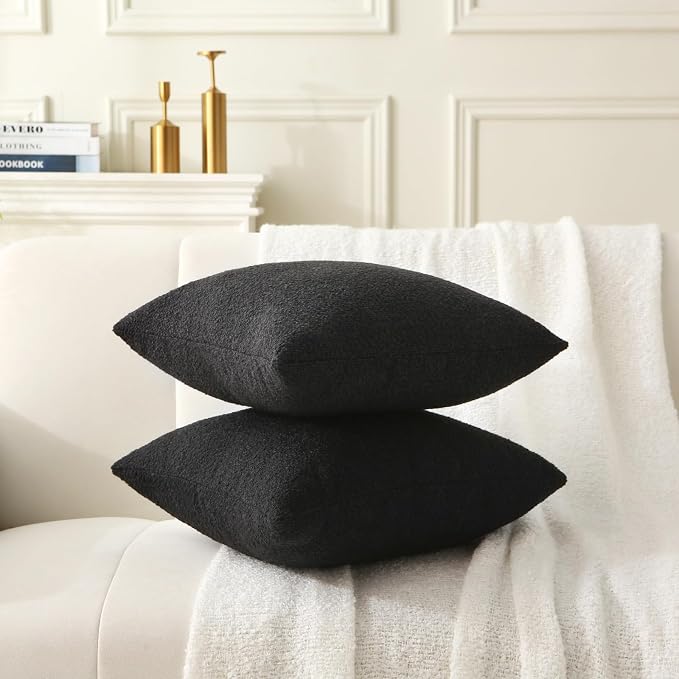Complete Throw Pillows with Inserts, Set of 2 Decorative Throw Pillow-Boucle-18 x 18"-Square Boho Pillows for Couch, Patio, Bed, Sofa Decor (Black, 18" x 18"(Pack of 2))
