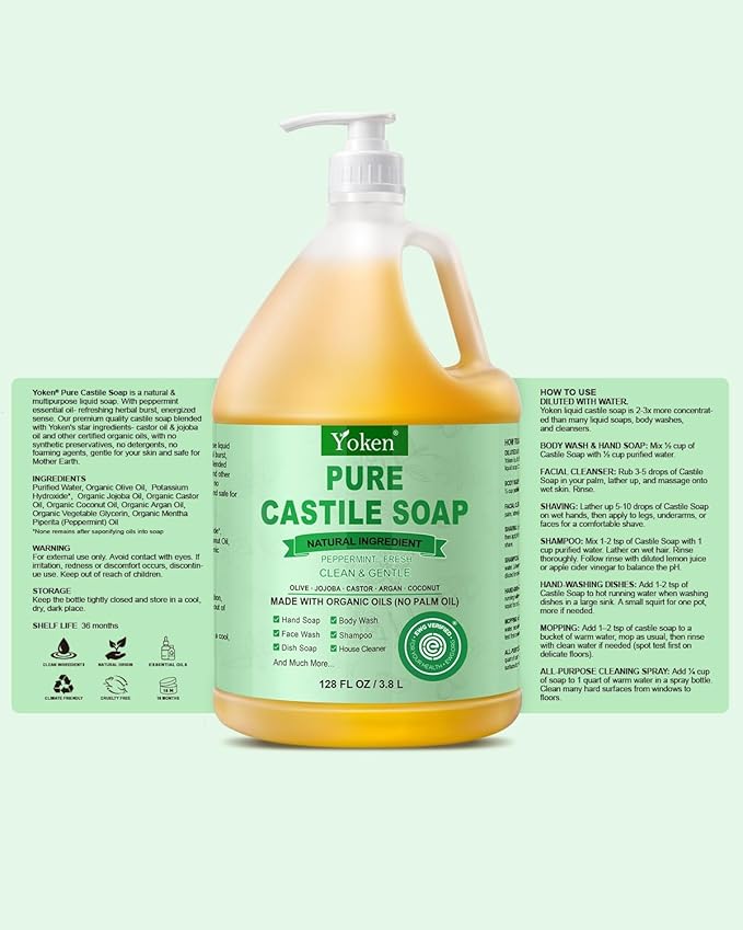 Yoken EWG Verified Peppermint Castile Soap Liquid, 1 Gallon Bulk Size, Made with Certified Organic Oils, Gentle Peppermint Soap for Body Wash, Hands, Dishes, Laundry & More, Natural Versatile Cleanser