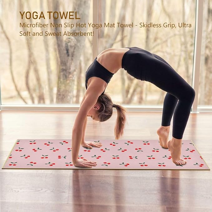 Cherry Fruit Yoga Mat Towel Non Slip Soft Sweat Absorbent Hot Yoga Mat Towel, for Hot Yoga, Pilates and Workout-73 x 27 Inch