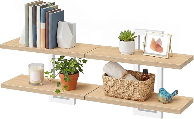 HOOBRO 2-Tier Floating Shelves, 15 Inch Wall Shelf Set of 2 | Wall Mounted Storage Shelves, Hanging Bathroom Shelves, for Living Room, Bedroom, Bathroom, Kitchen, Natural and White