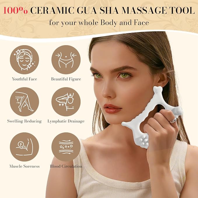 9 in 1 Ceramic Body Gua Sha Facial Tool, Face & Body Guasha Massage Tool, Premium Korean 괄사 Lymphatic Drainage, Face Sculpting Tool, Face Lift, Muscle Relief, Gifts for Mother Women Men