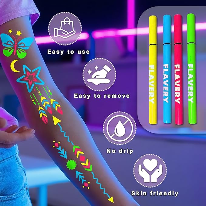 Temporary Tattoo Markers for Skin, 4PCS UV Neon Body Markers + 8 Sheets Temporary Tattoo Stencil for Kids Adult, Flexible Brush Tip, Glow in the Dark Cosmetic Tattoo Pen, DIY Body Art Set