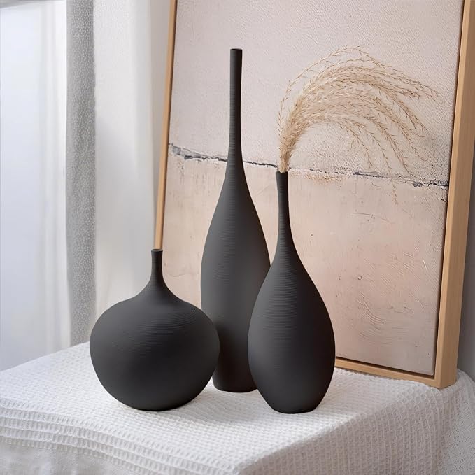 Relexome Black Ceramic Vase Modern Boho Wabi-Sabi Flower Vase Set of 3 Decorative Aesthetic Vases for Centerpieces Matte Minimalist Vases for Living Room Table Shelf Home Decor Gift