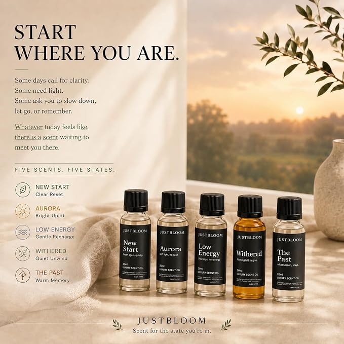 JustBloom Hotel Diffuser Oil Set, 5 Scents, 5 x 20 mL | Five hotel-inspired fragrance oil blends for waterless and cold-air diffusers, designed for home, office and all-season use.