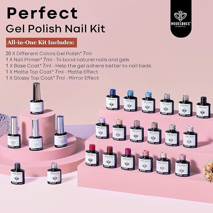 Modelones Gel Polish Nail Kit, 6 Colors 7ml Popular Nude Pink Neutral Blue Glitter Nail Polish Set Nail Art LED Manicure DIY Salon Gifts