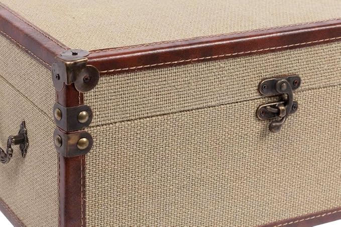 Farmhouse Decorative Storage Trunks Set of 3 Linen and Wood Boho Vintage Boxes with Metal Handles and Clasp, Rustic Wooden Keepsake Chests for Living Room, Entryway & Bedroom Organization