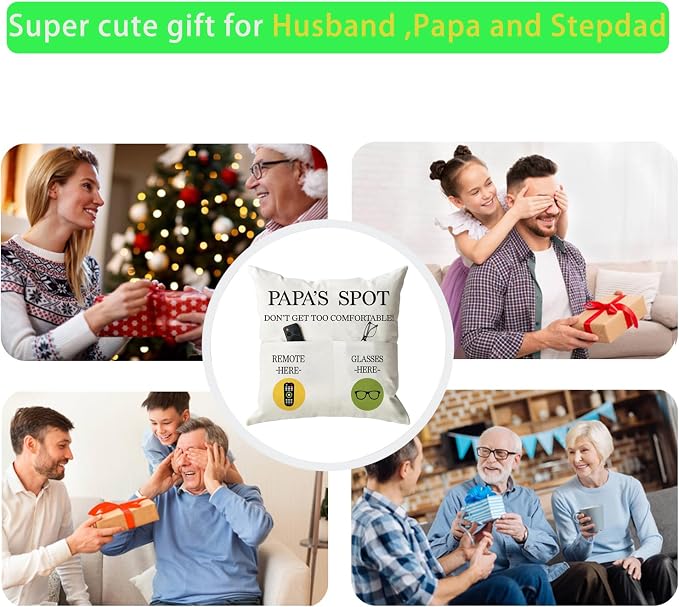 ONFAON Papa Gifts Throw Pillow Case, Papa's Spot Throw Pillow Covers 18 x 18 Inch,Put Phone Glasses and Remote Control Pillowcase,Birthday Christmas Thanksgiving Day Gifts for Papa Stepdad 3-Pocket
