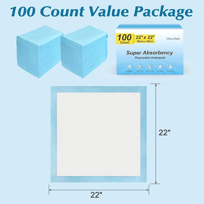 100 Count 22” x 22” Super Absorbency Disposable Underpads | Leakproof Quick Drying Disposable Pads for Baby, Puppy and Adults, Cat Pee Pads for Dogs, Potty Puppy Training Pads
