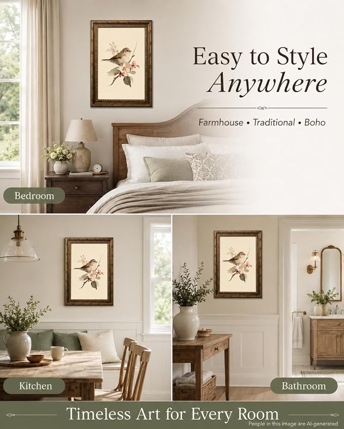 Gold Framed Bird Wall Art, Vintage Sparrow and Blossoms Canvas, 12x16in | Beige sparrow artwork with neutral vintage style for bedroom, nursery, kitchen, classroom, hallway, or living room.