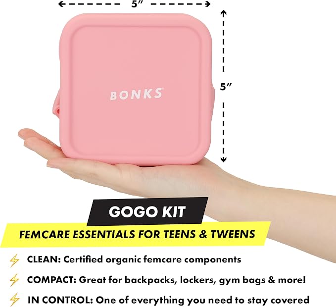BONKS GoGo Kit - First Period Kit Ages 10-14 (S - M) - Tween Period Starter Kit - Emergency Kit for Girls - Essential Hygiene Kit - Includes Pads, Tampons, Underwear & More
