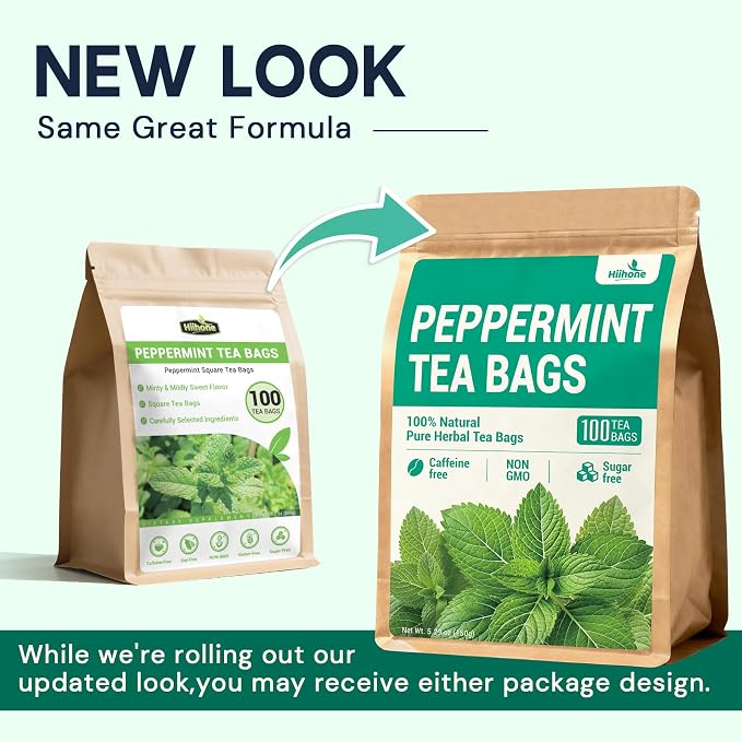 Hiihone Peppermint Tea Bags, Pure & Natural Peppermint Leaves, Fresh Minty Herbal Tea, Naturally Caffeine-Free, Non-GMO, Enjoy Hot or Iced, 100 Tea Bags