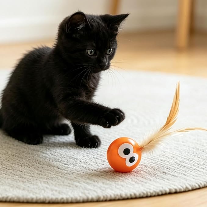 Bouncy Cat Toys with Feathers 3-Pack, Interactive Rubber Ball with Goofy Eyes and Natural Tail for Indoor Cats & Kittens, High Elastic Bouncing Toy for Chase Hunt Play
