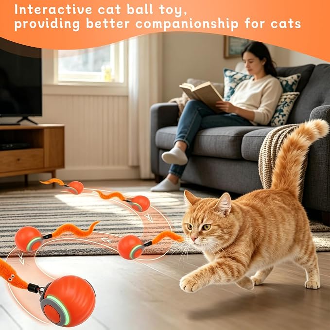 Interactive Cat Toy Ball - Automatic Moving Cat Ball for Indoor Cats with 3 Tails, Rechargeable Silent Kitten Toy for Boredom & Exercise, Rolling Ball Toy with 2 Modes & 2 Speeds.