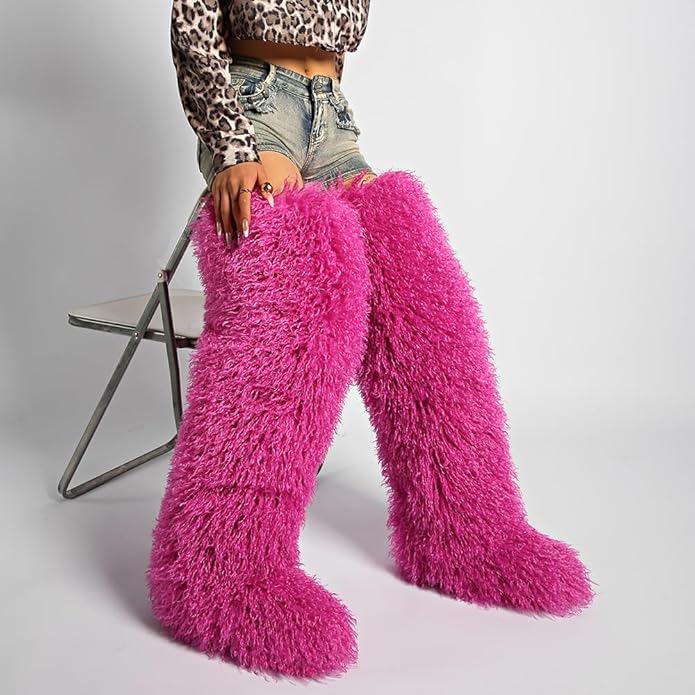 SWEETHEART BEAUTY Thigh High Shagy Teddy Fur Boots, 29 Inch Over the Knee Length Fluffy High Boots, Tall Furry Shoes For Women