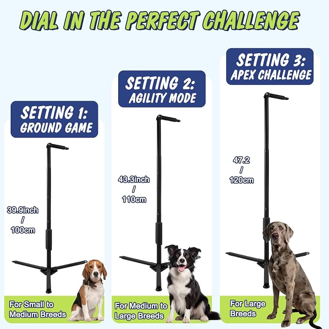 Unidevice Outdoor Tug of War Dog Toy with Reinforced Tripod Base - Heavy Duty Iron 360° Interactive Tether Tug Toy for Backyard Solo Play - Adjustable Spring Pole Rope System for All Breeds